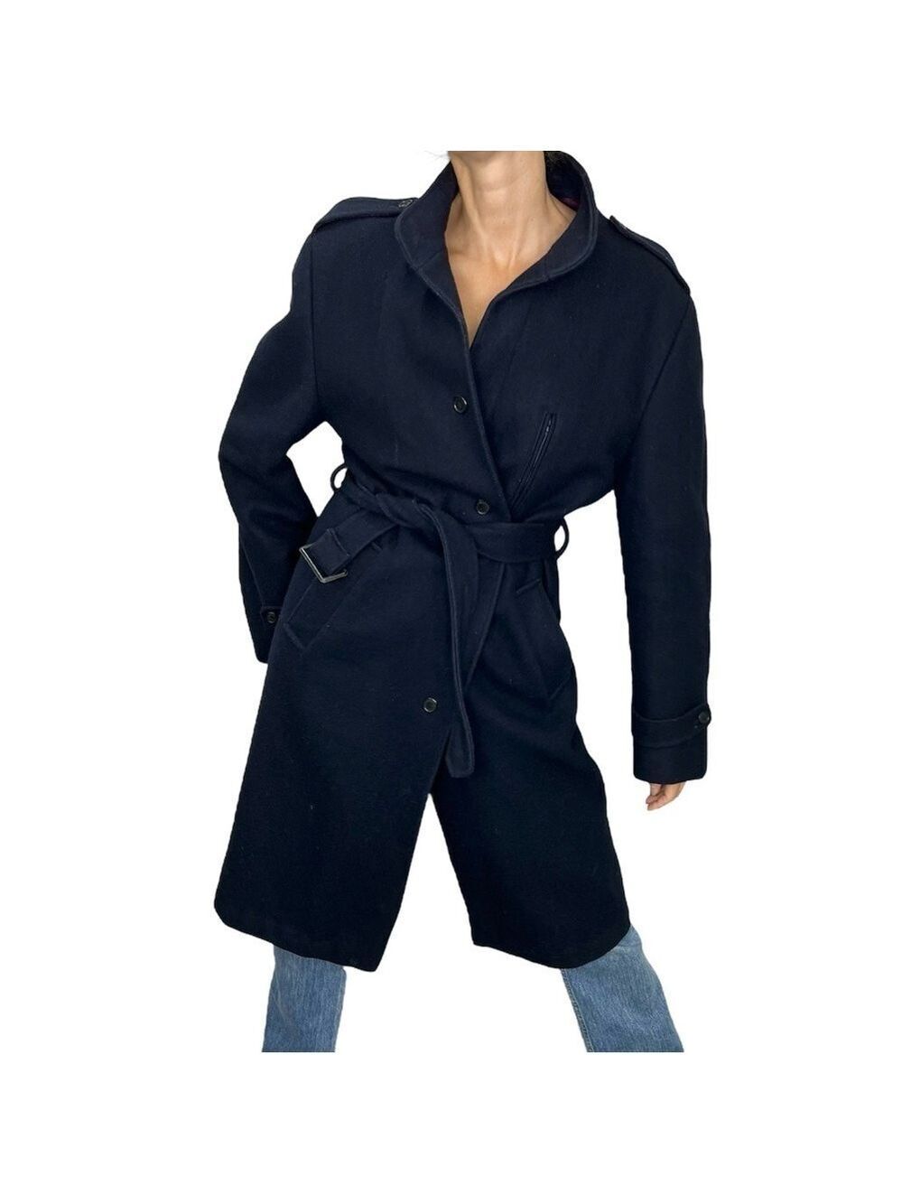 Vintage Creations Dash Canada dark blue belted wool trench coat 42